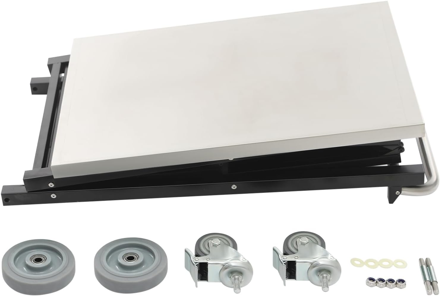 Foldable Grill Cart 3-Tiers Outdoor Grill Table 27.6" W x 18.5" D Pizza Oven Cart Stainless Steel Kitchen Island with Wheel Rolling BBQ Table & Shelf Food Preparation Cart | US Stock (Black)