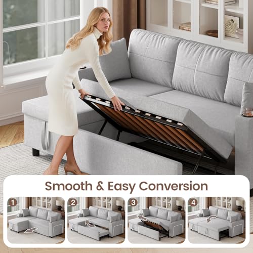 Hello-5ive Sofa Bed, L-Shaped Sleeper Sofa Couch with USB & Type-C Ports, 3 Seater Pull Out Corner Sofa Bed with Storage, Adjustable Lights, Cup Holder, Sectional Sofa for Living Room, Light Grey - Image 8