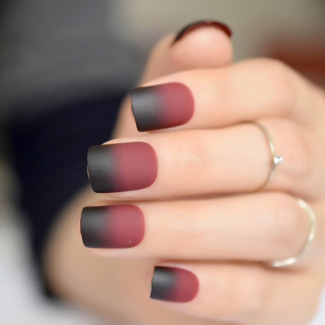 Fairvir Matte Fake Nails Gradient Red Square Acrylic Black False Nail Fashion Party Prom Clip Press on Nails for Women and Girls(24Pcs) - Image 3