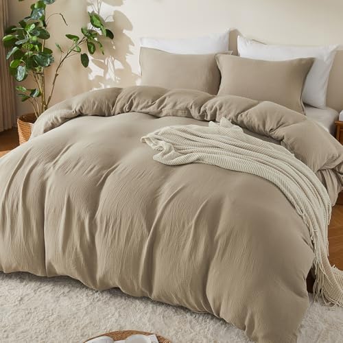 Image of EMME Muslin Cotton Duvet Cover Set Khaki King Size Linen Like Soft Breathable Lightweight Summer Comforter Cover Set with Zipper Closure (Khaki, King, 104 inchx90 inch)