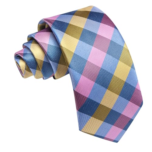 Image of Barry.Wang Plaid Ties Mens Silk Necktie and Tie Clip Checkered Tie for Wedding Party Business Formal