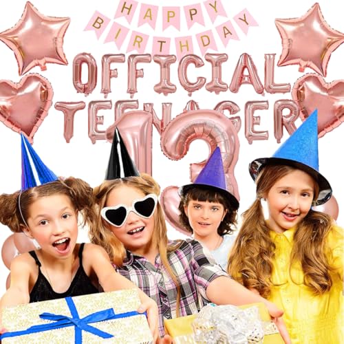 13th Birthday Party Decorations, OFFICIAL TEENAGER Balloons Happy Birthday Banner, Rose Gold Heart Star Foil Balloon, Confetti Balloons, Cake Topper for 13 Year Old Girls Birthday Favor Supplies - Image 2