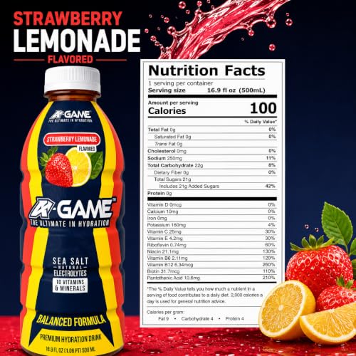 Image of A-GAME Electrolyte Drink, Strawberry Lemonade Flavor, 12 Pack