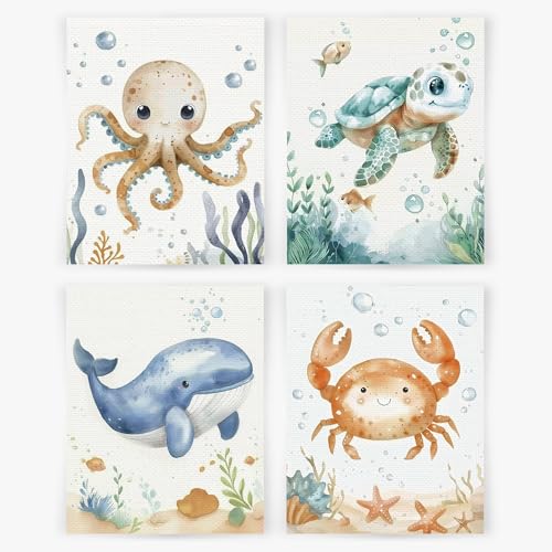 Image of YQDEJ Ocean Animals Nursery Wall Art Prints Set of 4, Under the Sea Nursery Decor, Watercolor Octopus Sea Turtle Whale Crab Posters Wall Decor for Kids Room,8x10 Unframed(Canvas)