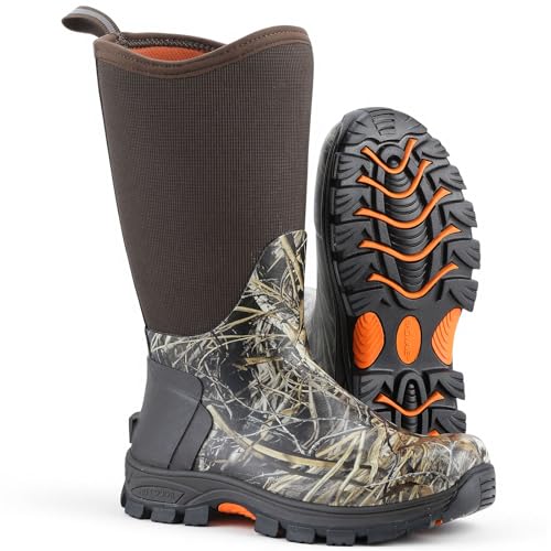 Showave Arctic Excursion Rubber Boots for Men Mid Calf Rain Boots Men Insulated Waterproof Boot Waffle Neo-Tech Outdoor Mud Boot with Traction Hiking Lugs Camo Size 14