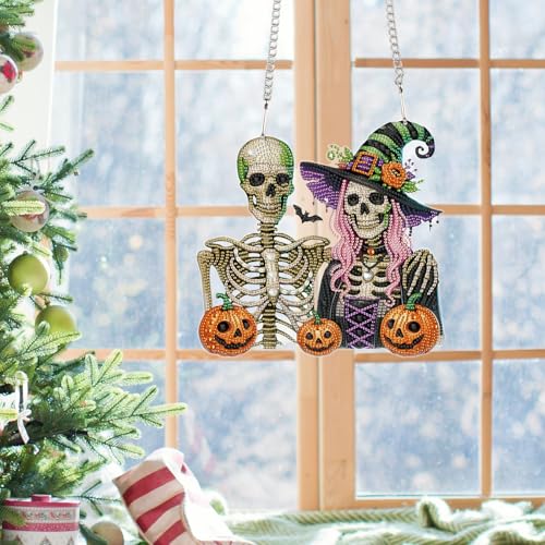 Image of AiYuanzsh Large Diamond Art Painting Pendant 5D Diamond Art Hanging Kit Halloween Skull Pumpkin DIY Crystal Window Door Pendant for Adults Gift Wall Home Halloween Decoration (24.1x23.1 cm)