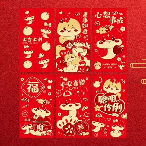 Fancyes 6Pcs Ano Novo Chinês Envelopes Vermelhos Festival da Primavera Hong Bao Desenho Animado 2025