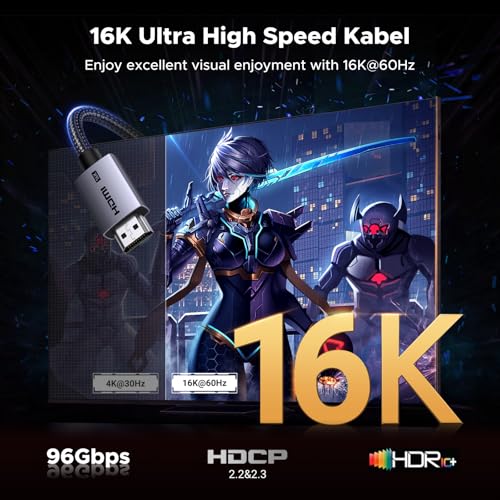 UGREEN 16K HDMI 2.2 câble Ultra Haute vitesse, 8K@240Hz 4K@480Hz, VRR ALLM eARC Lèvre HDR10+ Dolby Atmos Vision, HDCP 2.3, Compatible avec PS5 PS4 Xbox Series X S PC moniteur HDTV SoundBar (6.6FT)