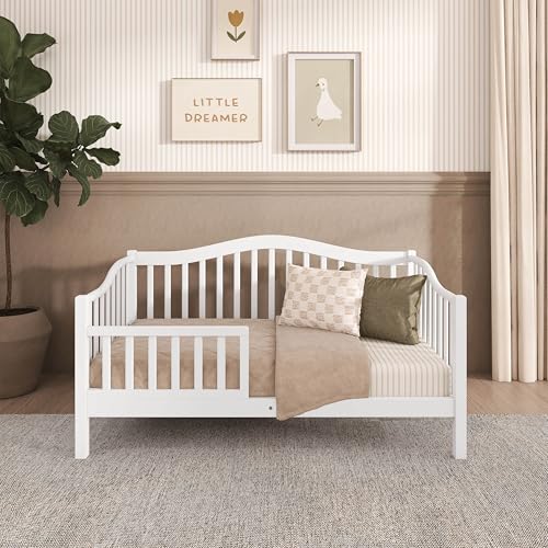 Image of Dream On Me Austin Wooden Toddler Day Bed for Kids, White | GREENGUARD Gold Certified & BSA Verified, Low-to-Floor Design, Removable Safety Guardrail, Solid New Zealand Pinewood