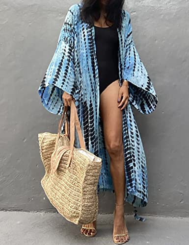 Image of Bsubseach Stylish Tie Dye Open Front Long Kimono Swimsuit Coverup for Women | Loose Fit Boho Style Bathing Suits Cardigans,Summer Causal Resort Wear