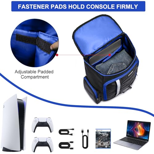 Liokesa PS5 Backpack, Gaming Carry Backpack Compatible with Playstation 5 / PS5 Slim / PS4 / Xbox One, Travel Carrying Case with Multiple Pockets for 15.6” Laptop and Gaming Accessories, Black& Blue by Liokesa - Image 2