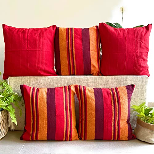 Image of RANGBHAR Handloom Cotton Cushion Covers With Concealed Top Zip, Striped /Solid Cushion Covers For Living Room, 16 X 16 Inch, Red, Pack Of 5, 220 TC
