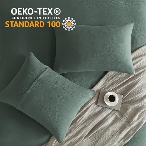 SE SOFTEXLY Muslin Duvet Cover King Size, 100% Washed Cotton Duvet Cover Set, Ultra Soft Comforter Cover Linen Like, 3 Pieces Minimalist Gauze Duvet Cover with 2 Pillowcases, 90"x104", Forest Green