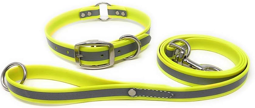 Heavy Duty Reflective Waterproof Yellow Center-Ring Dog Collar and Leash Vinyl-Coated Webbing Water Resistant, Anti with Double Buckle and D Ring for Medium Dogs