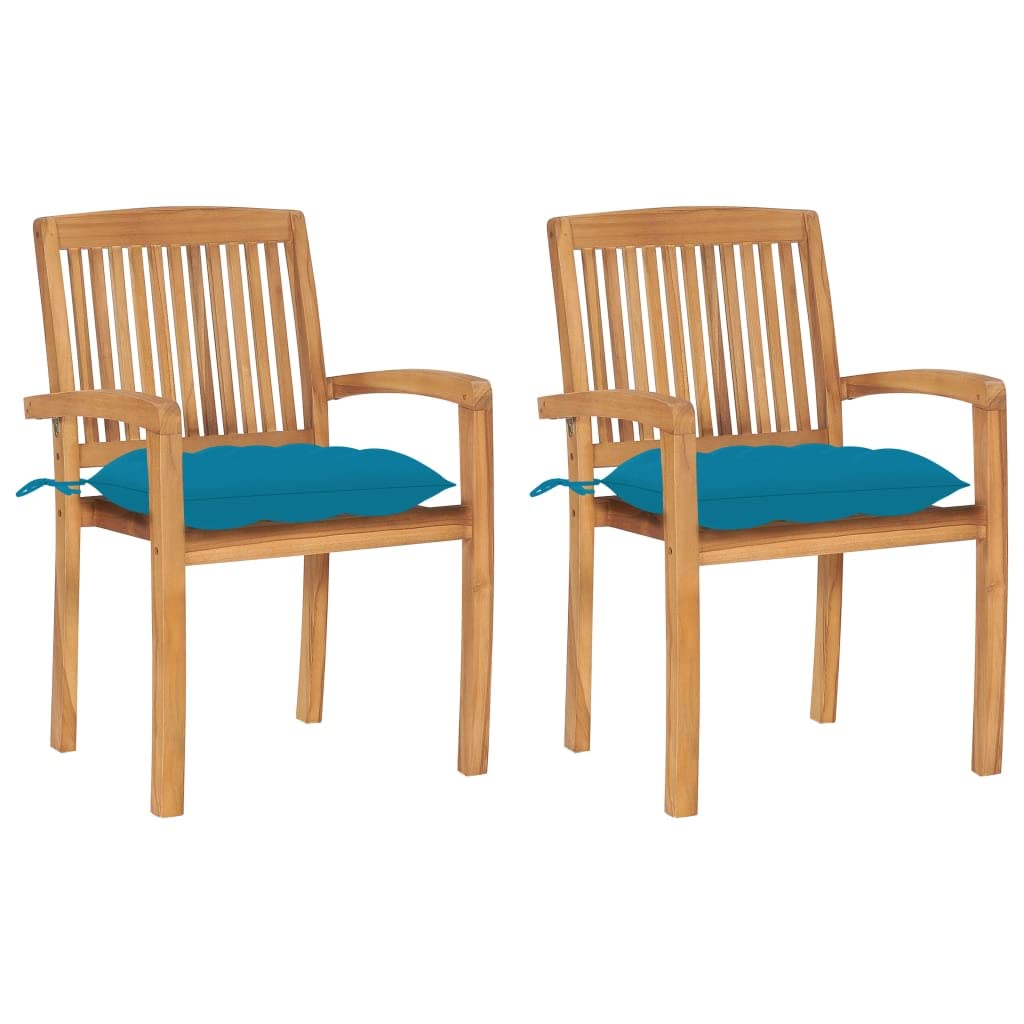 Set di 2 sedie da giardino in legno di teak, con cuscini azzurri