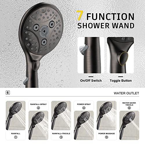 Suncleanse Bathtub Faucet Shower System: Wall Mounted 8.5" Rainfall Head Set, 7-Spray High Pressure Handheld Complete Combo, Valve With Trim Kit, Oil Rubbed Bronze Tub Spout For Rain Luxury Bathroom #TOP3
