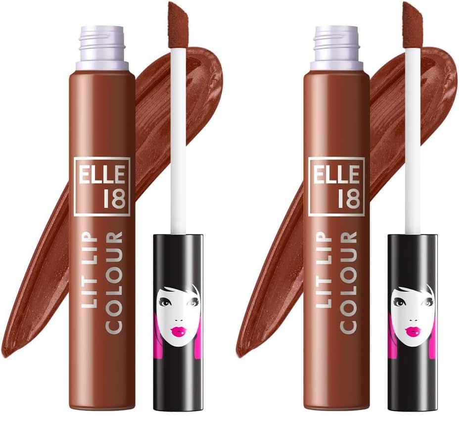 Image of Elle 18 Lit Lip, Matte Finish, Nutty Latte, 16 hrs Long Lasting Liquid Lipstick, Smudge and Transfer Proof Lipstick, One-stroke application, Quick Drying | 5.6 ml (Pack of 2)