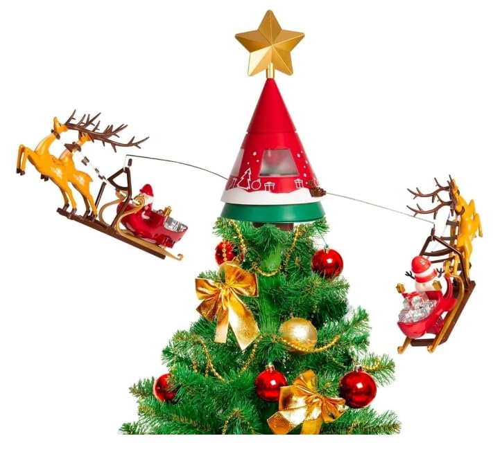 Puntale per Albero di Natale, Puntale Girevole a 360°, Punta per Albero con Babbo Natale con Renne, Luci Suoni e Movimento Ricaricabile