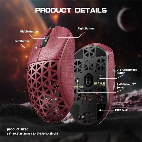 Image of R5Ultra 8K Carbon Fiber Wireless Gaming Mouse with 42000 DPI -PAW3950 MAX Sensor -39g Ultra-Lightweight-Nordic 52840 MCU Chip-Wired /BT /2.4GHz Wirelss Programmable Mouse Tape for PC /Mac (Red)