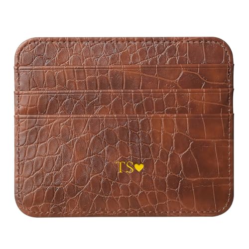 Personalized Gold Initial Name Credit Card Holder Wallet, Custom Monogram Letters Text, Crocodile Pattern PU Leather Ultra Slim Wallet, Thin Minimalist Credit Card Case Protector for Women, Brown