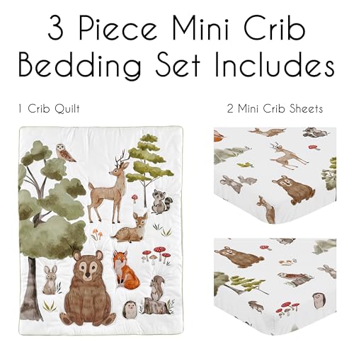 Image of Sweet Jojo Designs Woodland Forest Animals Boy Girl Gender Neutral Unisex Baby Mini Crib Bedding Set Infant Nursery Room Newborn Blanket Portable Pack n Play Sheets 3p Bear Fox Hedgehog Deer Squirrel