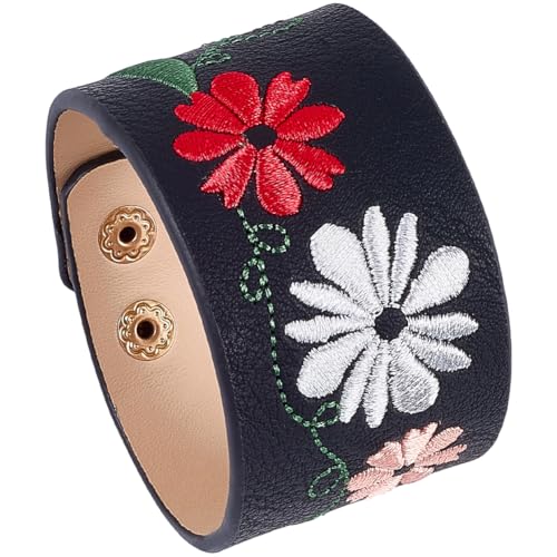 CABODYALS 2 Stück Schwarze Stickerei BLUMESSn Lederarmbänder Mit Druckknopf Vintage Punk Manschette Lederseil Mit Eisenknöpfen Breites BLUMESSnarmband Schmuck Für Männer Und Frauen Geburtstagsgeschenk
