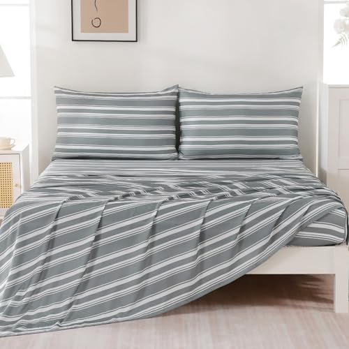 Image of MCO 4Pieces Striped Sheets Set, Breathable Queen Sheet Set with 16 inch Deep Pocket,Modern & Luxury, Brushed Microfiber Bedding Set(Queen, Gray)