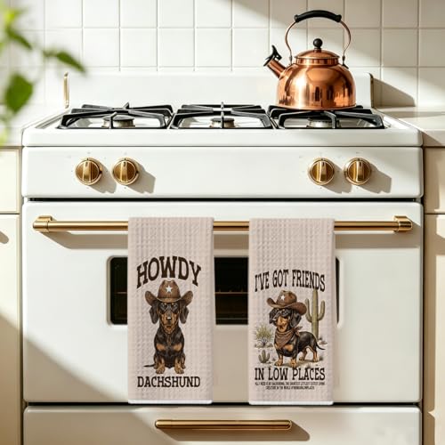 Image of 2 Pcs Western Dachshund Kitchen Towels 24x14 Inch, Preppy Cowboy Dachshund Gifts Reusable Dish Towels for Kitchen Decor, Waffle Weave Absorbent Hand Cloth Tea Towel, Weiner Dog Gifts for Women Friend