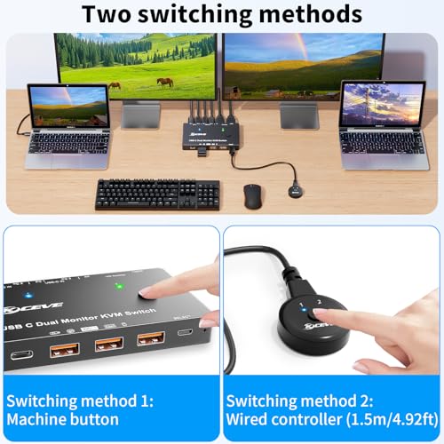 USB C KVM Switch 4K/1080P@60Hz, USB C Dual Monitor KVM Switch for 2 Laptop Sharing 2 Monitor and 10Gbps 4 USB3.0 Devices, 100W PD for 2 Laptop with Wired Remote Control and USB Cables Included