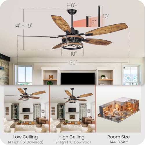 Image of 50 Inch Farmhouse Ceiling Fan with Lights and Remote, Timer, Dual Finish 5 Blades (Rustic Brown and Black), 6 Speeds, Reversible DC Motor, Rustic & Industrial Caged Ceiling Fan for Bedroom B04CF05
