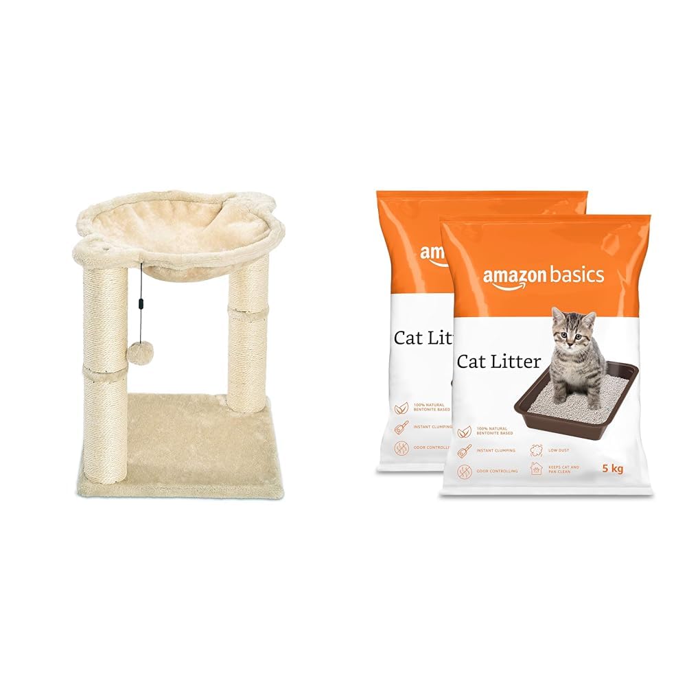 Amazon Basics Cat Tower with Hammock and Scratching Posts for Indoor Cats, 15.8 x 15.8 x 19.7 Inches & AmazonBasics Scoopable Bentonite Cat Litter, Unscented, 5Kg Pack of 2 (B0D35J54F7) Amazon Price History, Amazon Price Tracker