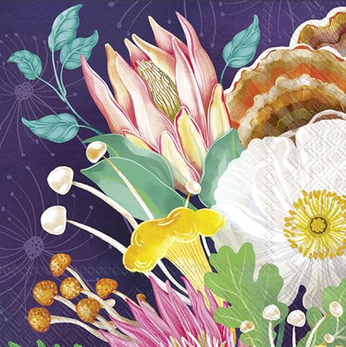 IHR Ideal Home Range Cocktail Napkins Disposable 3-Ply Paper Party Napkin Pack, 5" x 5", Florals And Mushrooms, 20-Count