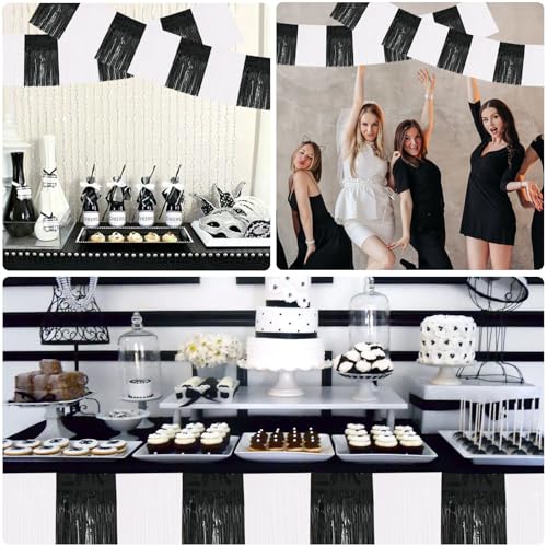 Image of BEISHIDA 3 Packs Metallic Foil Fringe Garland Black White Wall Hanging Tinsel Fringe Banners for Car Floats Bridal Shower Wedding Birthday Graduation Holiday Party Decoration(30 Feet)