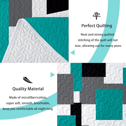 Image of Tyrot 3 Piece Teal /Turquoise Quilt King Size Black White Gray Bedding Set | Lightweight Bedspread, Geometric Coverlet with 2 Sham, Modern Abstract Soft Microfiber, Bed Cover for All Season, 106''x96''