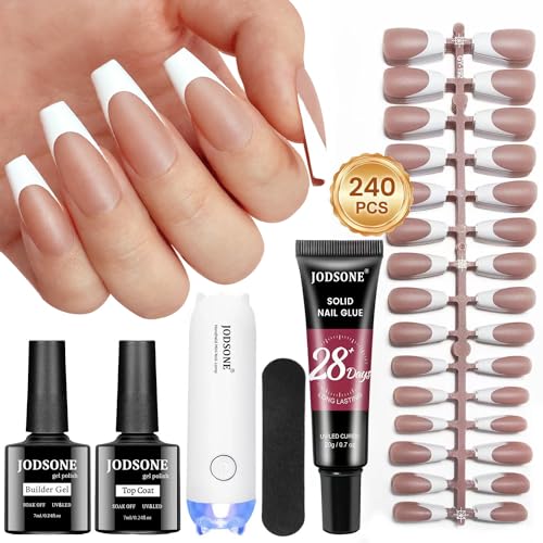 JODSONE 244PCS French Gel Nail Tips Kit,Nude Fake Nail Tips Kit With Tips Top Gel And Clear Builders Gel For Press On Nails Extensions Equipped With Nail Lights