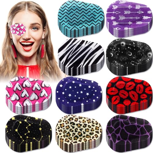 Threlaco 100 Pcs Eye Patches for Adults with 10 Styles 3 x 2 Inch Adhesive Disposable Eye Patch Designs for Women Men Lazy Eyeball Latex Free