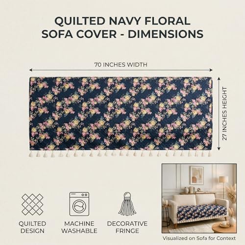 Image of BSB HOME Cotton Sofa Cover Throw with Tassels, Soft Breathable Fabric, Printed Couch Cover for Living Room, Lightweight Furniture Protector (27 x 70 Inches / 69 x 178 cm) (Navy Blue & Floral Pink)