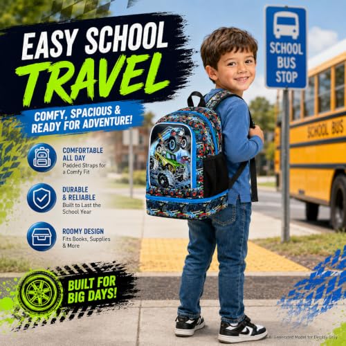 Image of WZLVO 2-In-1 Truck Preschool Backpack Set, 17 inch Cool UV Printing Boys Bookbag /School Bag with Built-in Lunch Compartment & Pencil Bag for Kids to Elementary - Truck Green