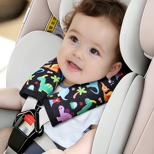 Image of COOLBEBE Car Seat Straps Shoulder Pads for Baby Kids, Super Soft Seat Belt Covers for All Car Seats /Pushchair /Stroller /High Chair, Dinosaur Style, Polyester Material
