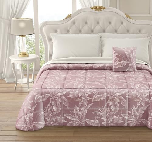 Clara Home Milano Trapunta Invernale Matrimoniale in Velluto con Motivo Jacquard tropical,Panna Tortora e Rosa, 260x270 cm, con Cuscino Arredo Coordinato (Rosa)
