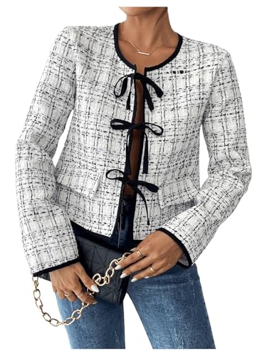 MakeMeChic Women's Graphic Print Bow Front Jacket Long Sleeve Crop Jackets Outerwear