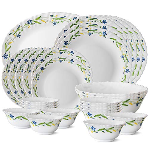 Fluted Series Cripper Opalware Dinner Set | 27 Piece for Family of 6 | Microwave & Dishwasher Safe | Bone-Ash Free | Crockery Set for Dining & Gifting