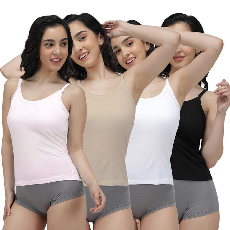 Women's Pure Cotton Camisole with Fabric Strap and Stay Fresh Treatment Pack of 4