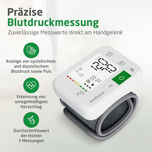medisana BW 355 Handgelenk-Blutdruckmessgerät, Blutdruck- und Pulsmesser mit Ampel-Skala und Speicherfunktion für 2 Benutzer, Blutdruckmanschette mit Aufbewahrungsbox