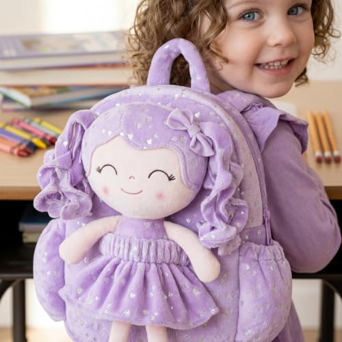 Image of Gloveleya Toddler Backpacks Baby Girl Gifts Curly Hair Plush Figures Dress Backpack - Silver Heart Accents in Soft Purple 11''