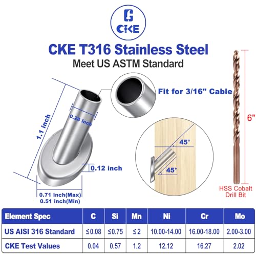 [Patent Design] CKE 40 Pack 45 Degree T316 Marine Grade Stainless Steel Angle Beveled Protector Sleeves Wood Post Protector for 1/8", 5/32", 3/16" Wire Rope Cable Railing, Come with a Free Drill Bit - Thumbnail 2