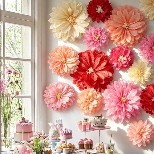 Image of Geyee 18 Pcs Mexican Paper Flowers Colorful Fiesta Tissue Paper Flowers Pom Poms Mexican Carnival for Floral Party Backdrop Wedding Birthday Party Craft(Pink Series,10 inch 12 inch 14 inch)