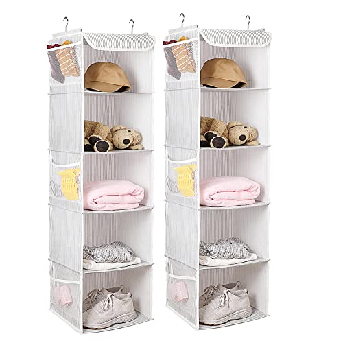 Image of BrilliantJo Hanging Storage with 5 Shelf Set of 1 Wardrobe Closet Organiser, Storage Rack Unit with 6 Pockets for Clothes - (Grey Strip, 5-Shelf)