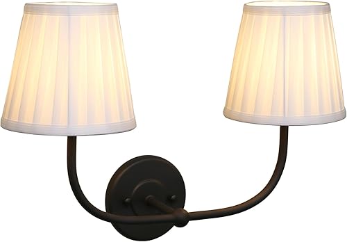 PERMO Vintage Sconce Black 2-Lights Wall Sconces with Pleated White Stripe Fabri