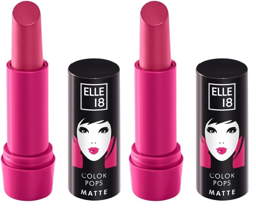 Image of Elle 18 Color Pops Matte Lipstick, Pink Kiss, Moisturising Bullet Matte, with Vitamin E, Highly Pigmented, Infused with Jojoba Oil and Shea Butter | 4.3 g (Pack of 2)